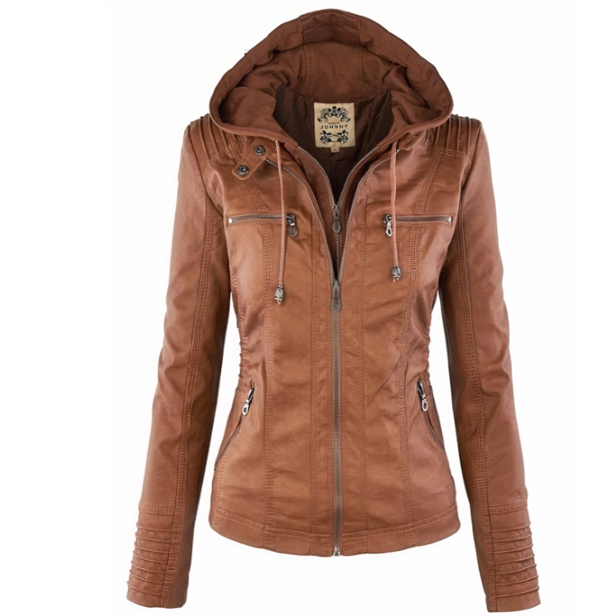 Evelyn | Women's Hooded Faux Leather Jacket Removable Hood Biker