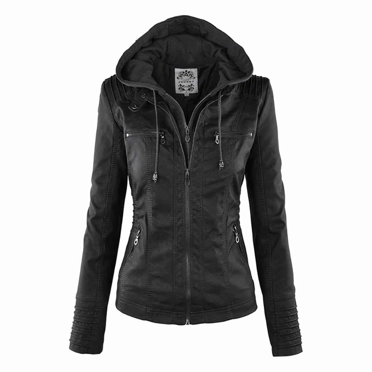 Evelyn | Women's Hooded Faux Leather Jacket Removable Hood Biker
