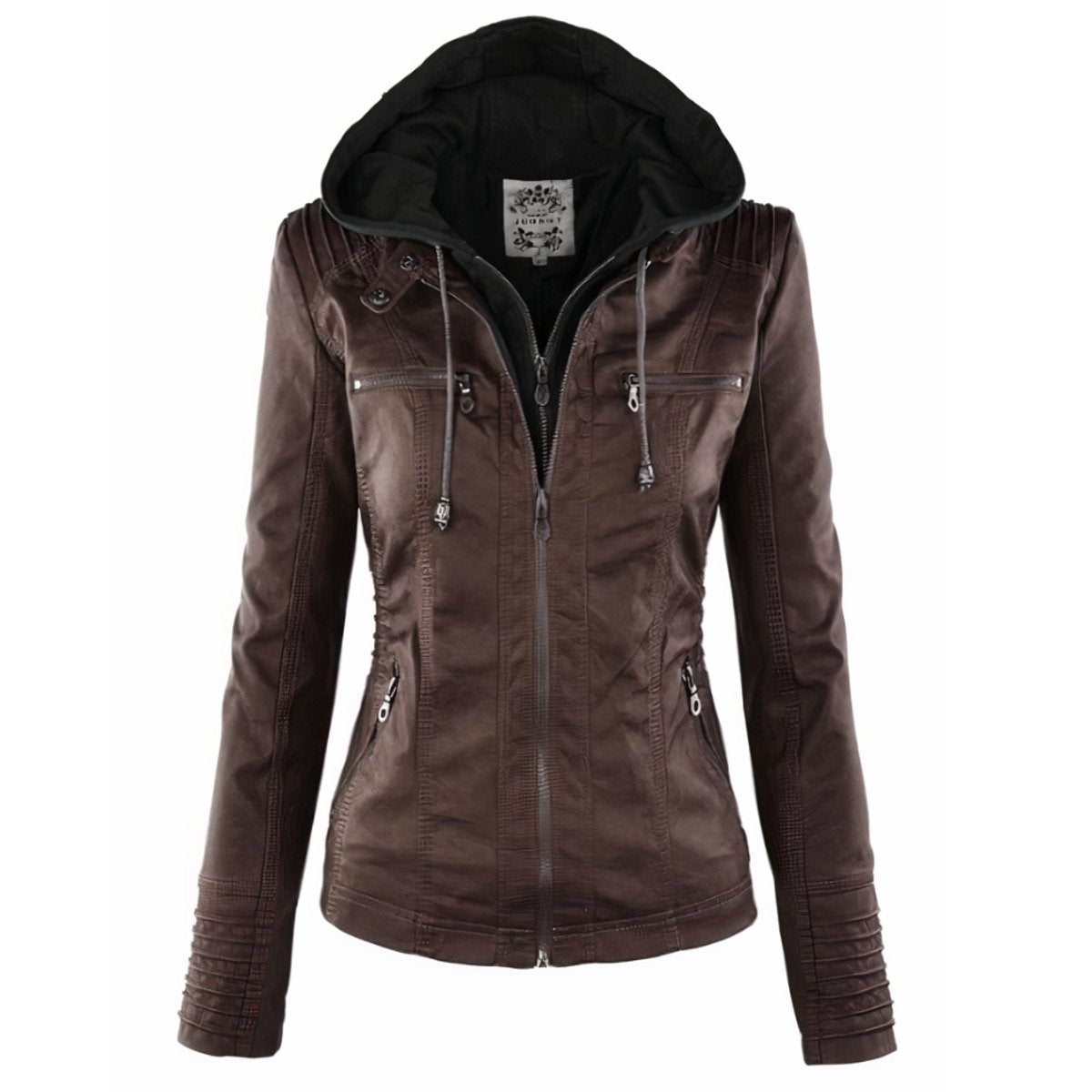 Evelyn | Women's Hooded Faux Leather Jacket Removable Hood Biker