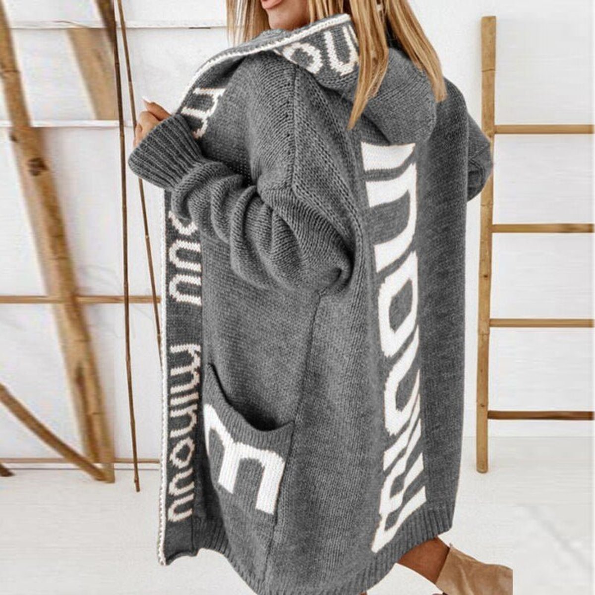 Ava | Women's Hooded Knit Open-Front Cardigan Jacket Letter Print