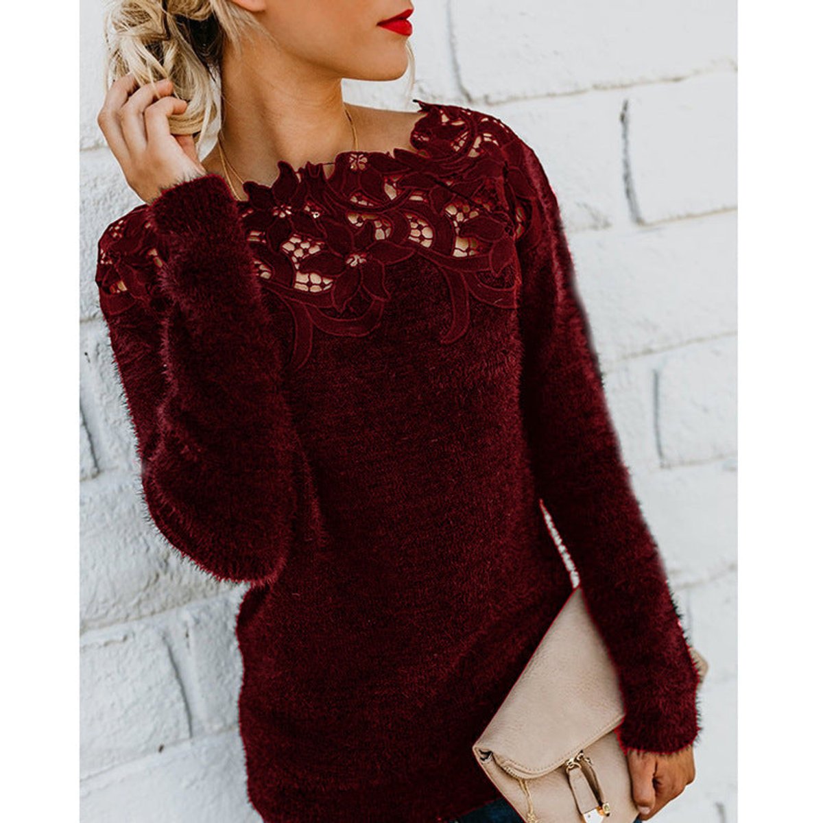 Isla | Women's Jumper Fluffy Knit Lace Floral Neckline Pullover