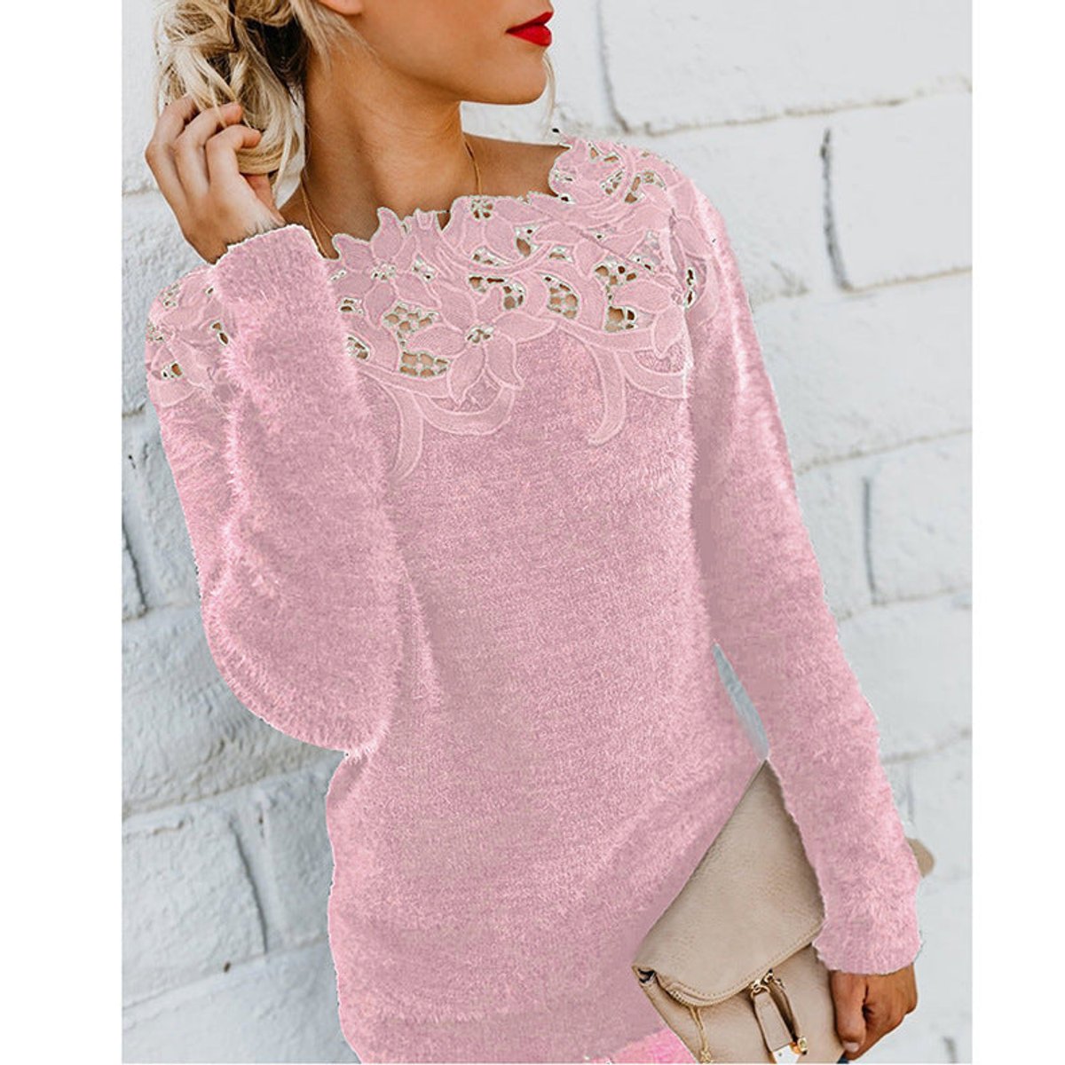 Isla | Women's Jumper Fluffy Knit Lace Floral Neckline Pullover
