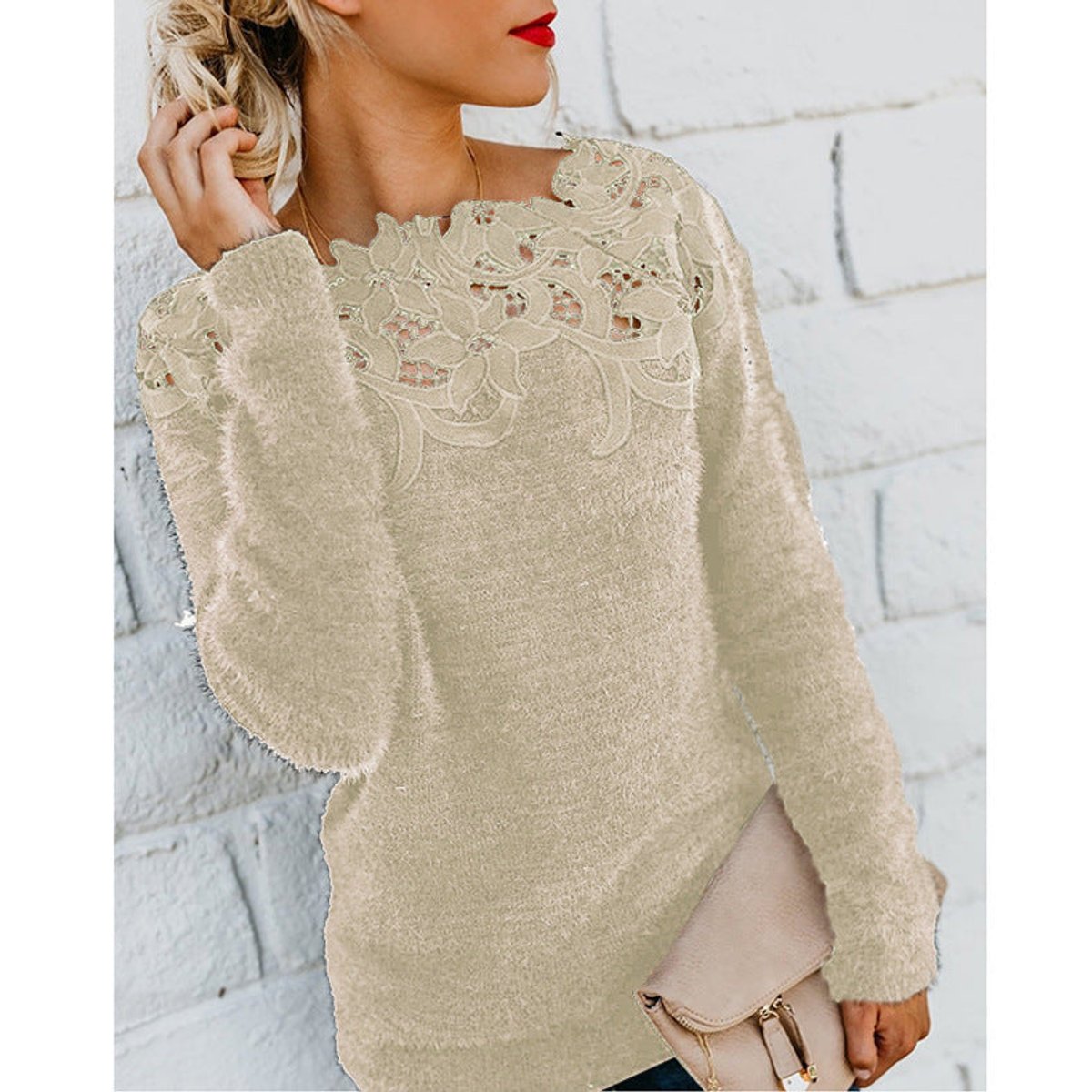 Isla | Women's Jumper Fluffy Knit Lace Floral Neckline Pullover