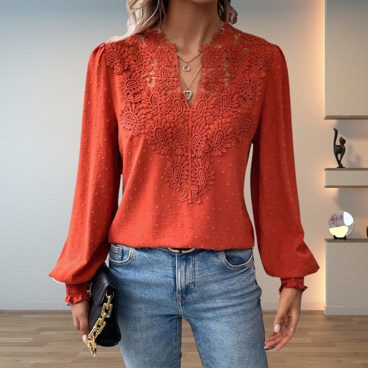 Sophie | Women's Lace Bodice V-Neck Long Sleeve Blouse