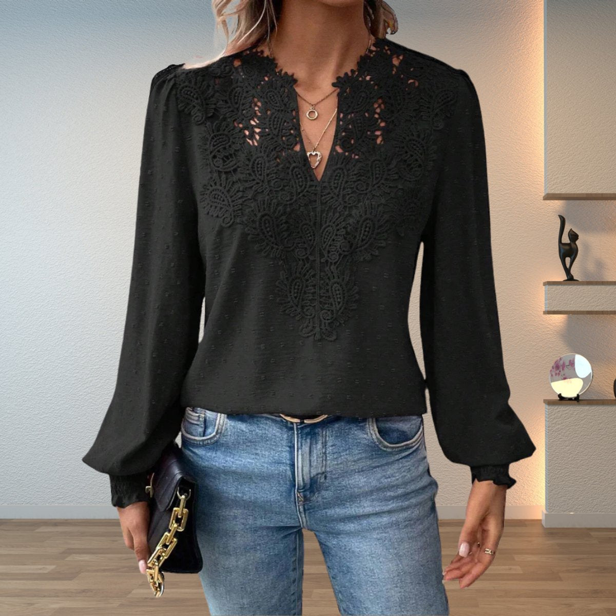 Sophie | Women's Lace Bodice V-Neck Long Sleeve Blouse