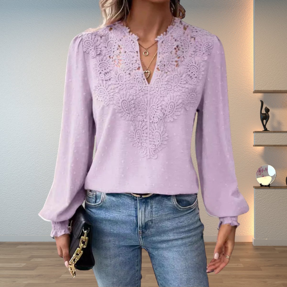 Sophie | Women's Lace Bodice V-Neck Long Sleeve Blouse