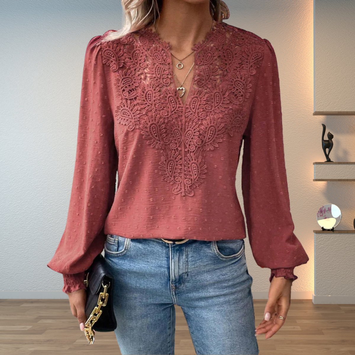 Sophie | Women's Lace Bodice V-Neck Long Sleeve Blouse
