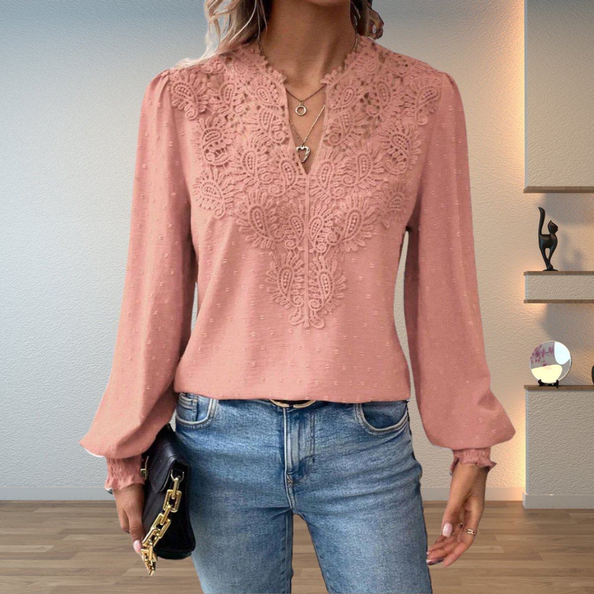 Sophie | Women's Lace Bodice V-Neck Long Sleeve Blouse