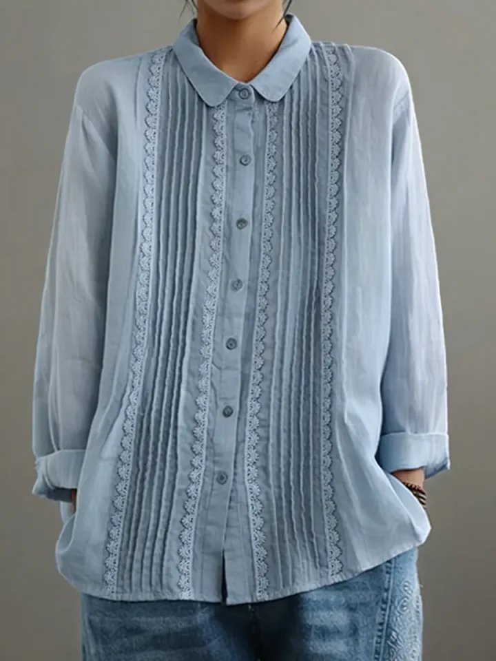 Sienna | Women's Lace Trim Pleated Front Button-Up Long Sleeve Blouse