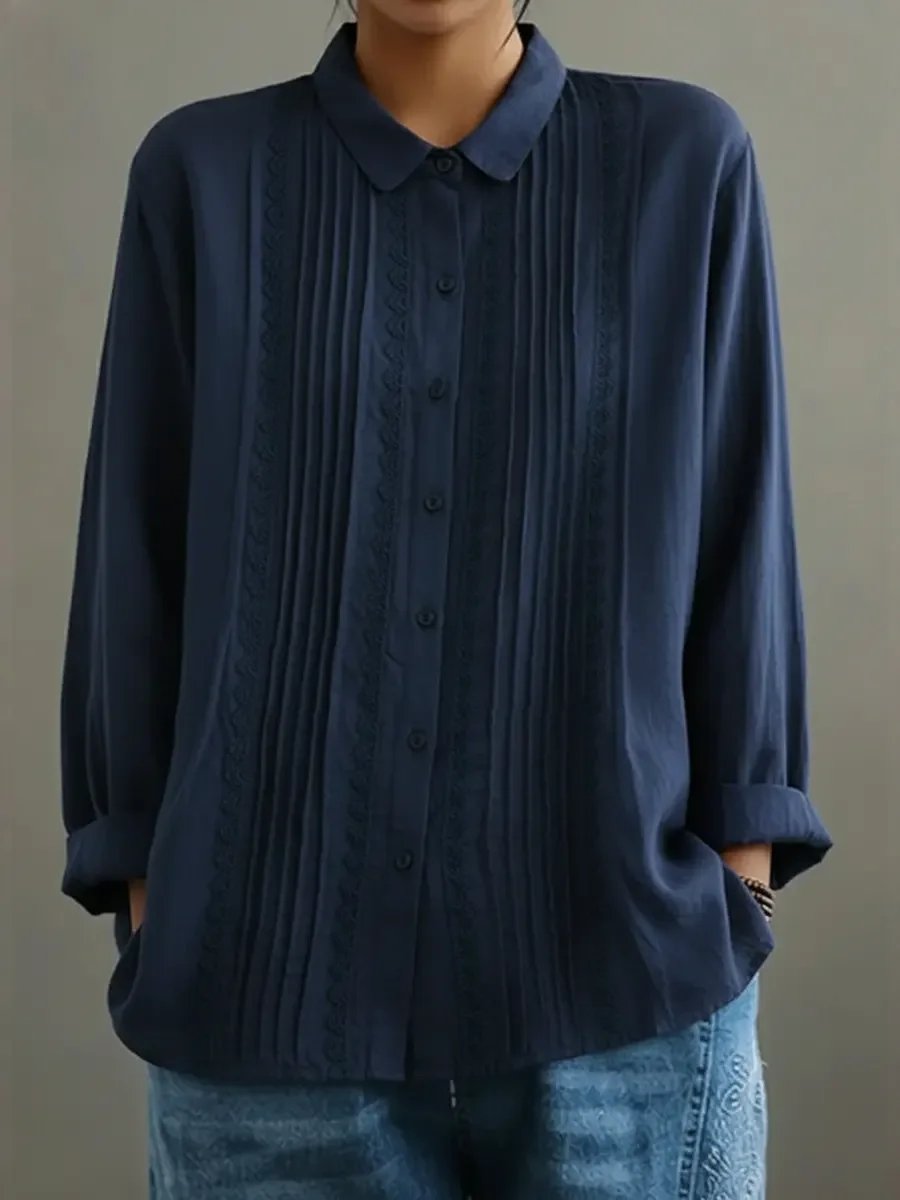 Sienna | Women's Lace Trim Pleated Front Button-Up Long Sleeve Blouse
