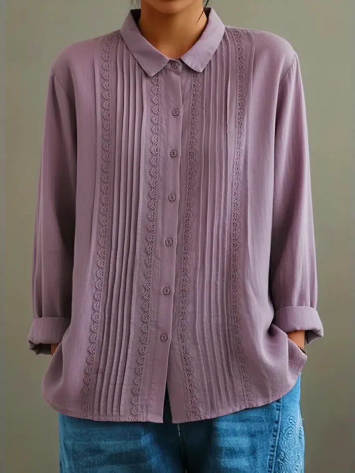 Sienna | Women's Lace Trim Pleated Front Button-Up Long Sleeve Blouse