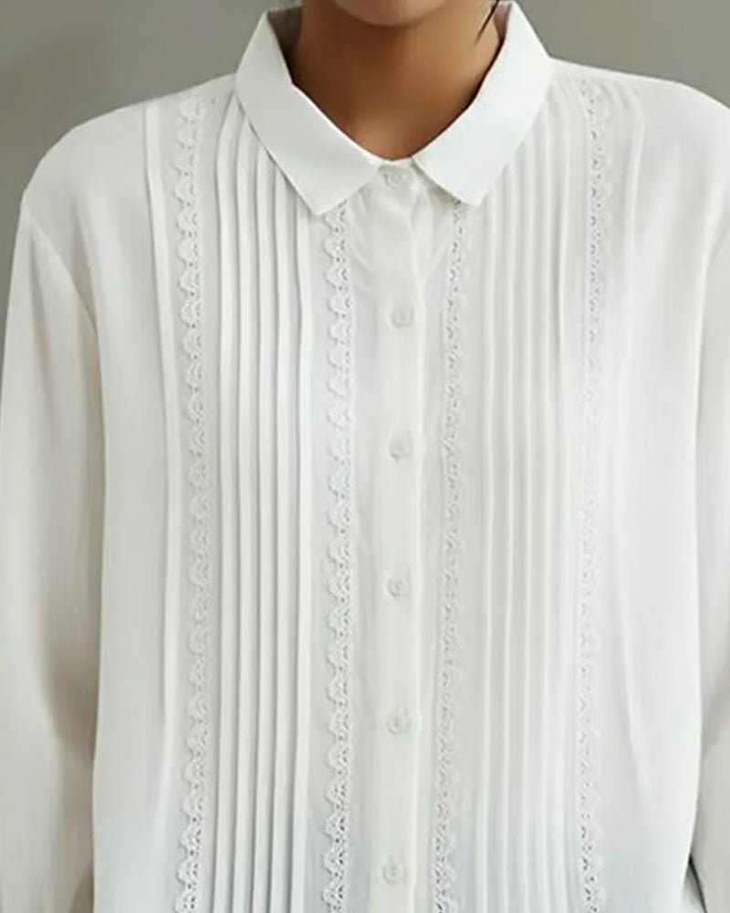 Sienna | Women's Lace Trim Pleated Front Button-Up Long Sleeve Blouse