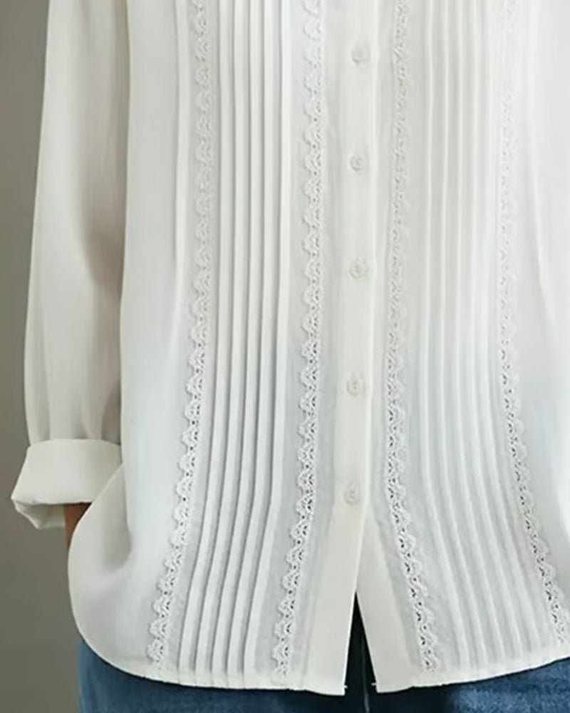 Sienna | Women's Lace Trim Pleated Front Button-Up Long Sleeve Blouse
