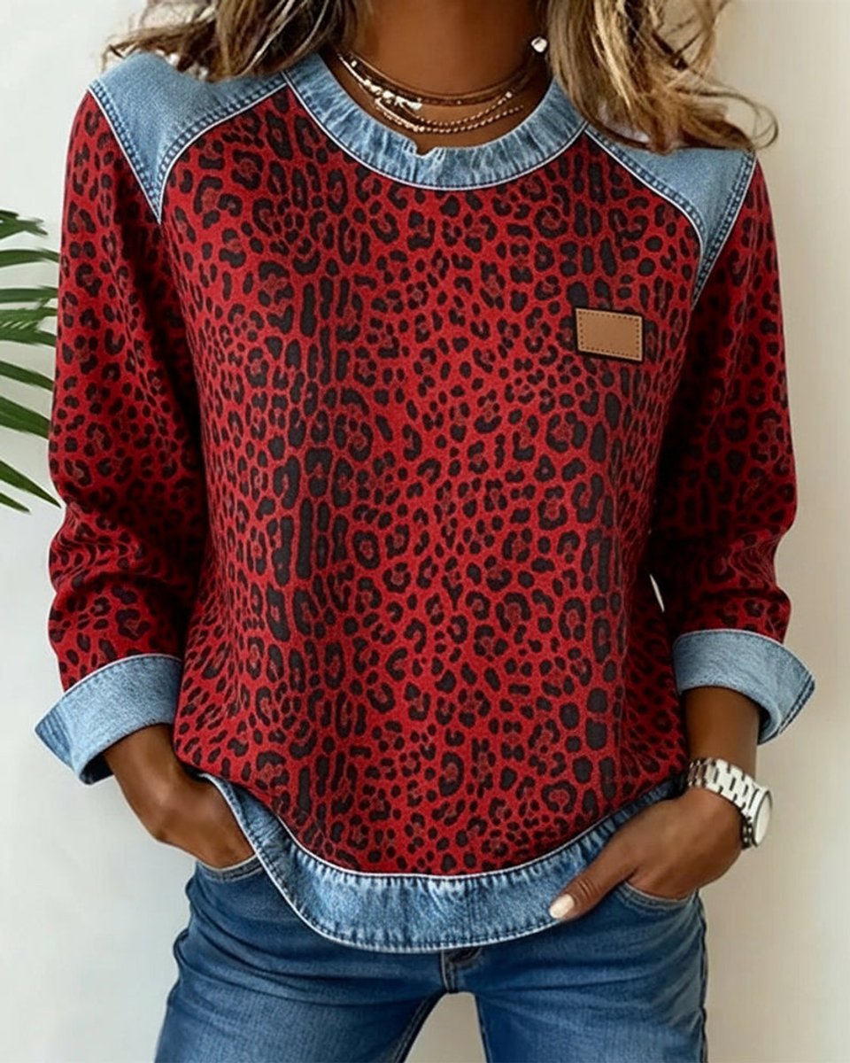 Sienna | Women's Leopard Print Denim Patchwork Long Sleeve Sweater