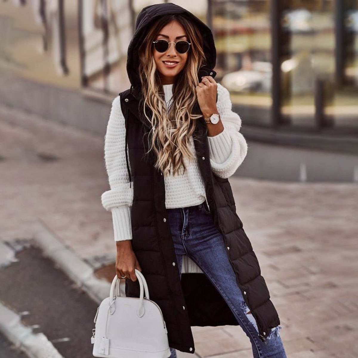 Emily | Women's Long Hooded Quilted Sleeveless Puffer Vest