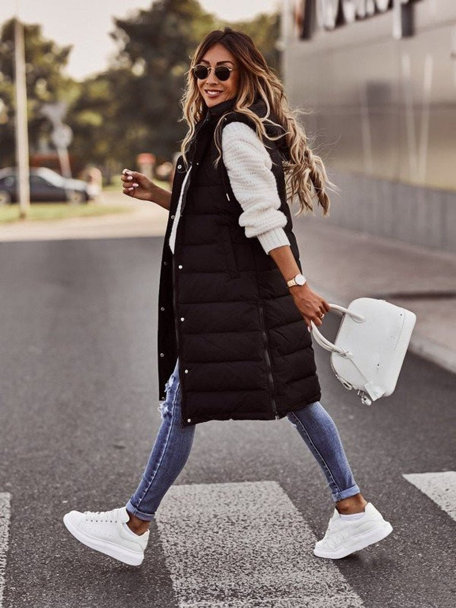 Emily | Women's Long Hooded Quilted Sleeveless Puffer Vest
