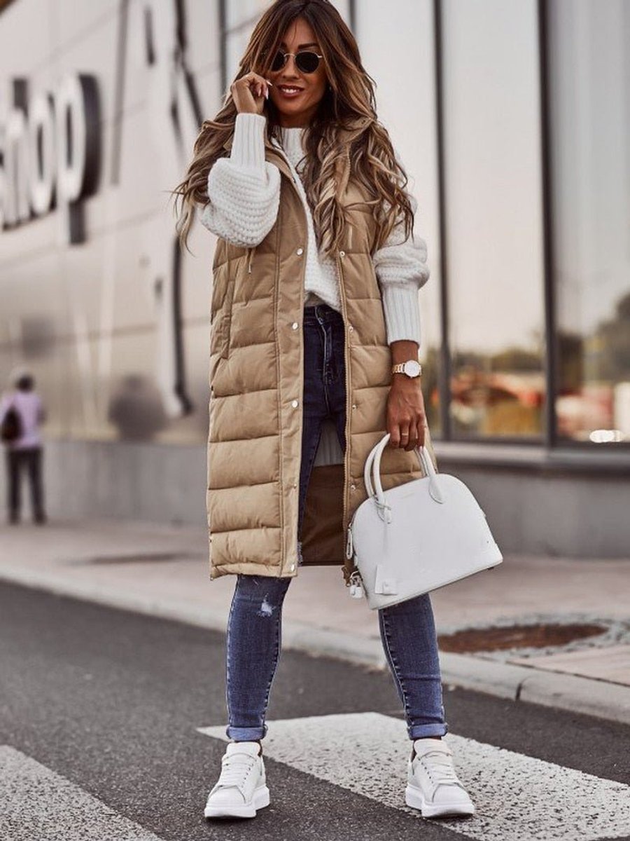 Emily | Women's Long Hooded Quilted Sleeveless Puffer Vest