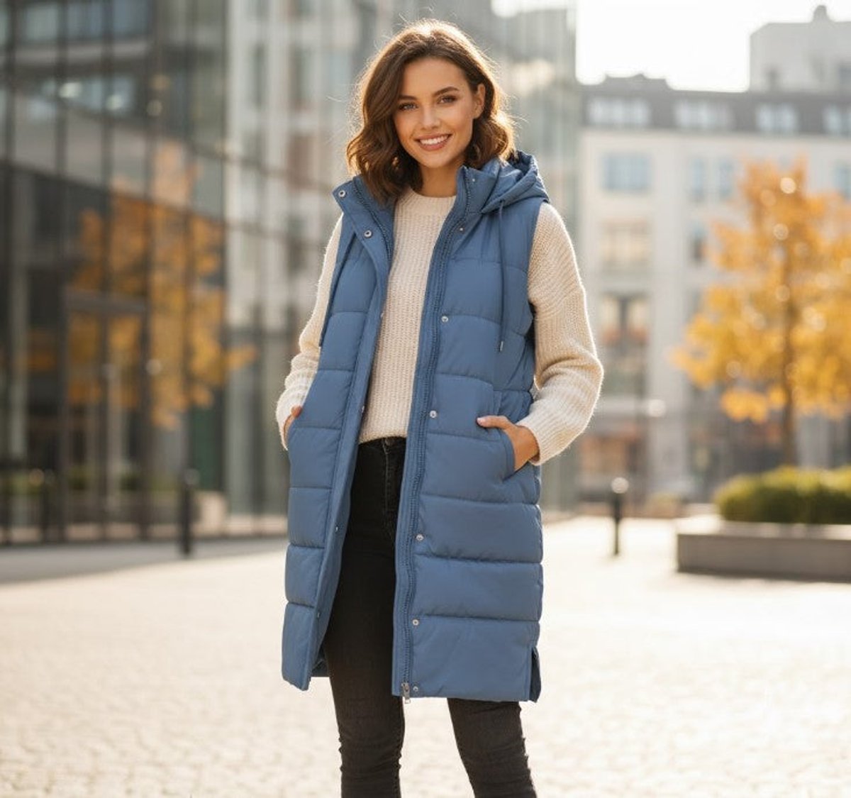 Emily | Women's Long Hooded Quilted Sleeveless Puffer Vest