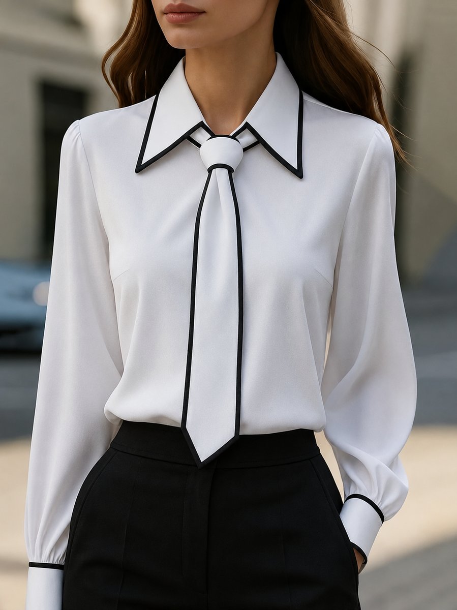 Lily | Women's Long Sleeve Contrast Trim Tie Neck Blouse
