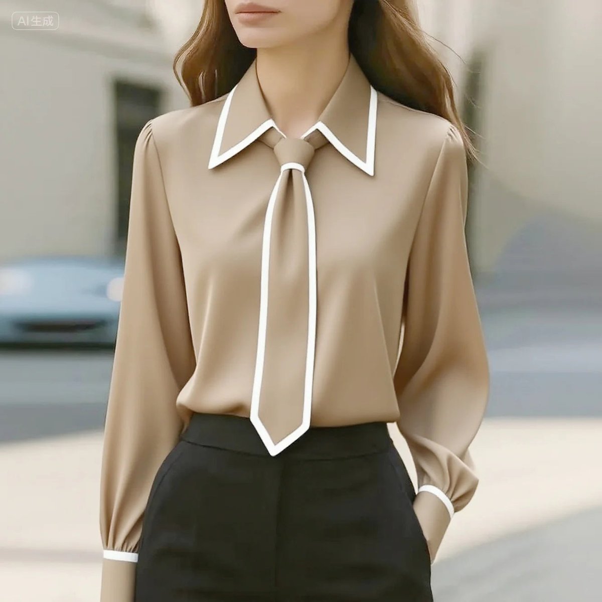 Lily | Women's Long Sleeve Contrast Trim Tie Neck Blouse