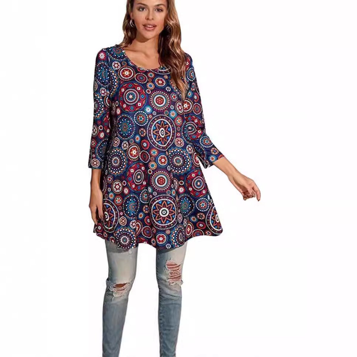 Evelyn | Women's Mandala Print 3/4 Sleeve Swing Tunic Top