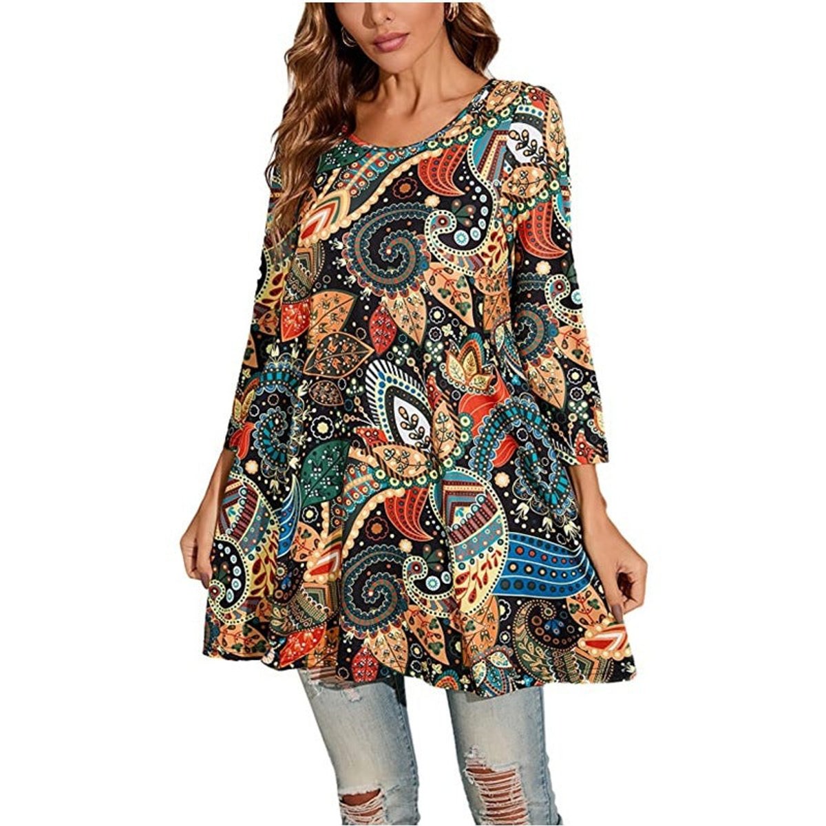Evelyn | Women's Mandala Print 3/4 Sleeve Swing Tunic Top