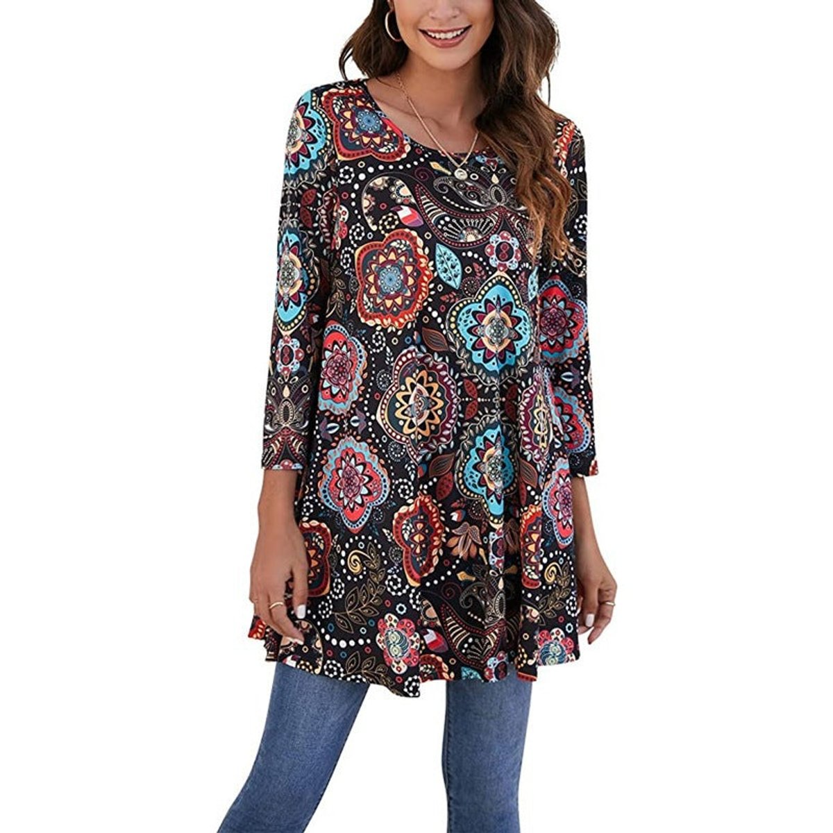 Evelyn | Women's Mandala Print 3/4 Sleeve Swing Tunic Top