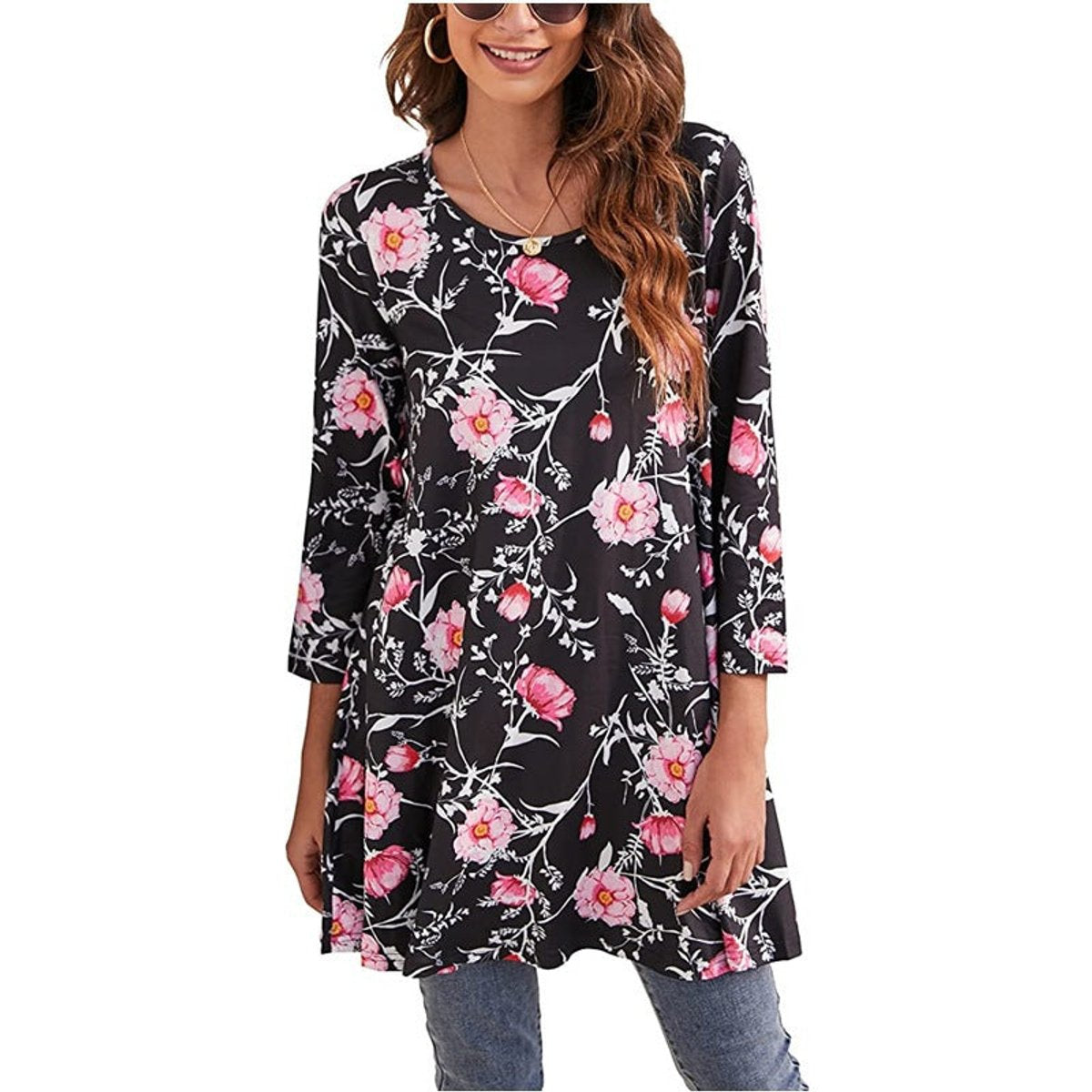 Evelyn | Women's Mandala Print 3/4 Sleeve Swing Tunic Top