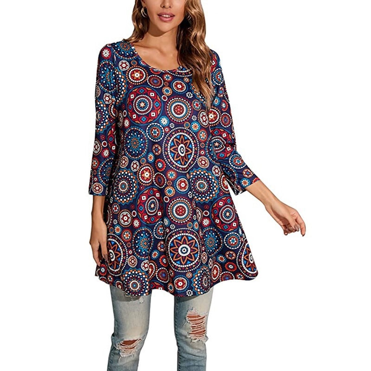 Evelyn | Women's Mandala Print 3/4 Sleeve Swing Tunic Top