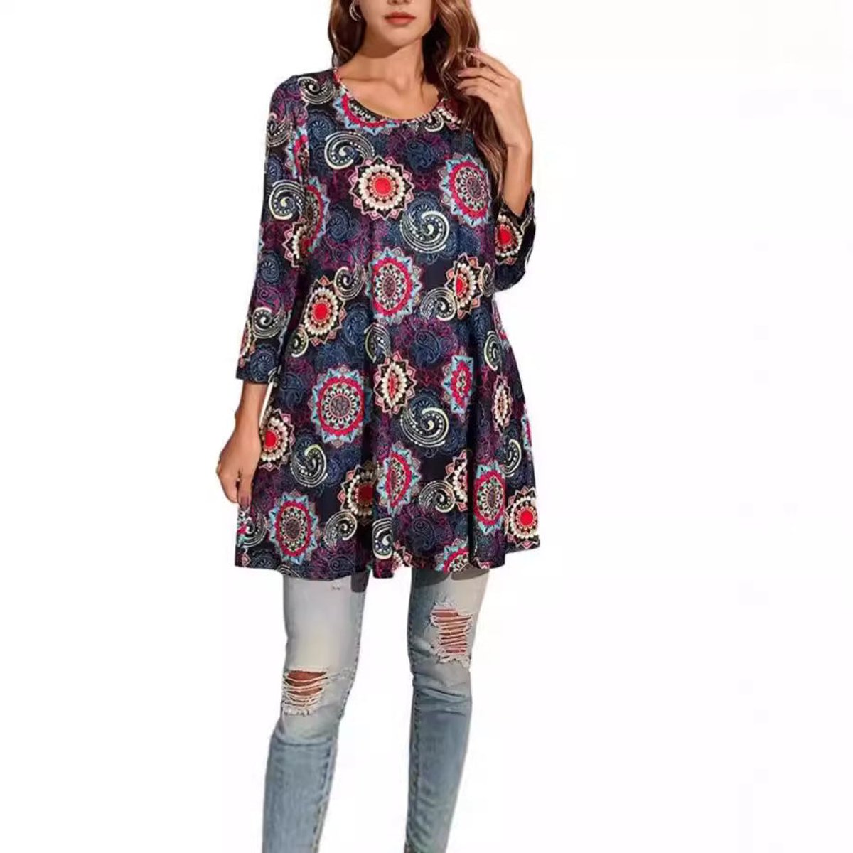 Evelyn | Women's Mandala Print 3/4 Sleeve Swing Tunic Top