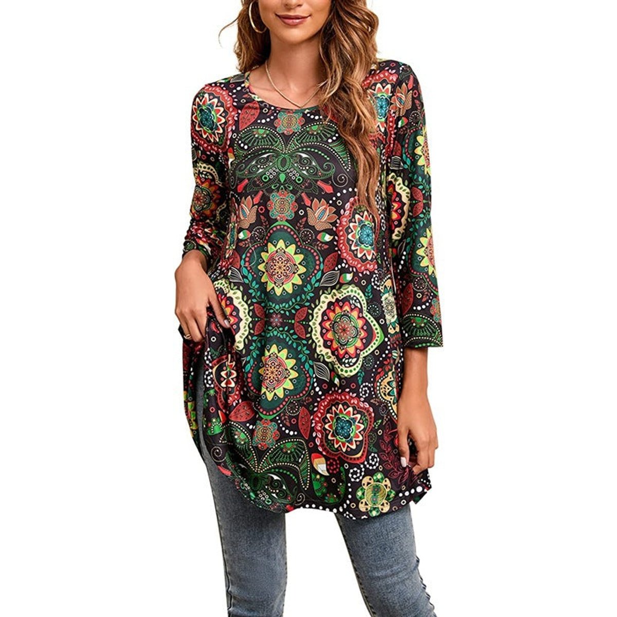 Evelyn | Women's Mandala Print 3/4 Sleeve Swing Tunic Top