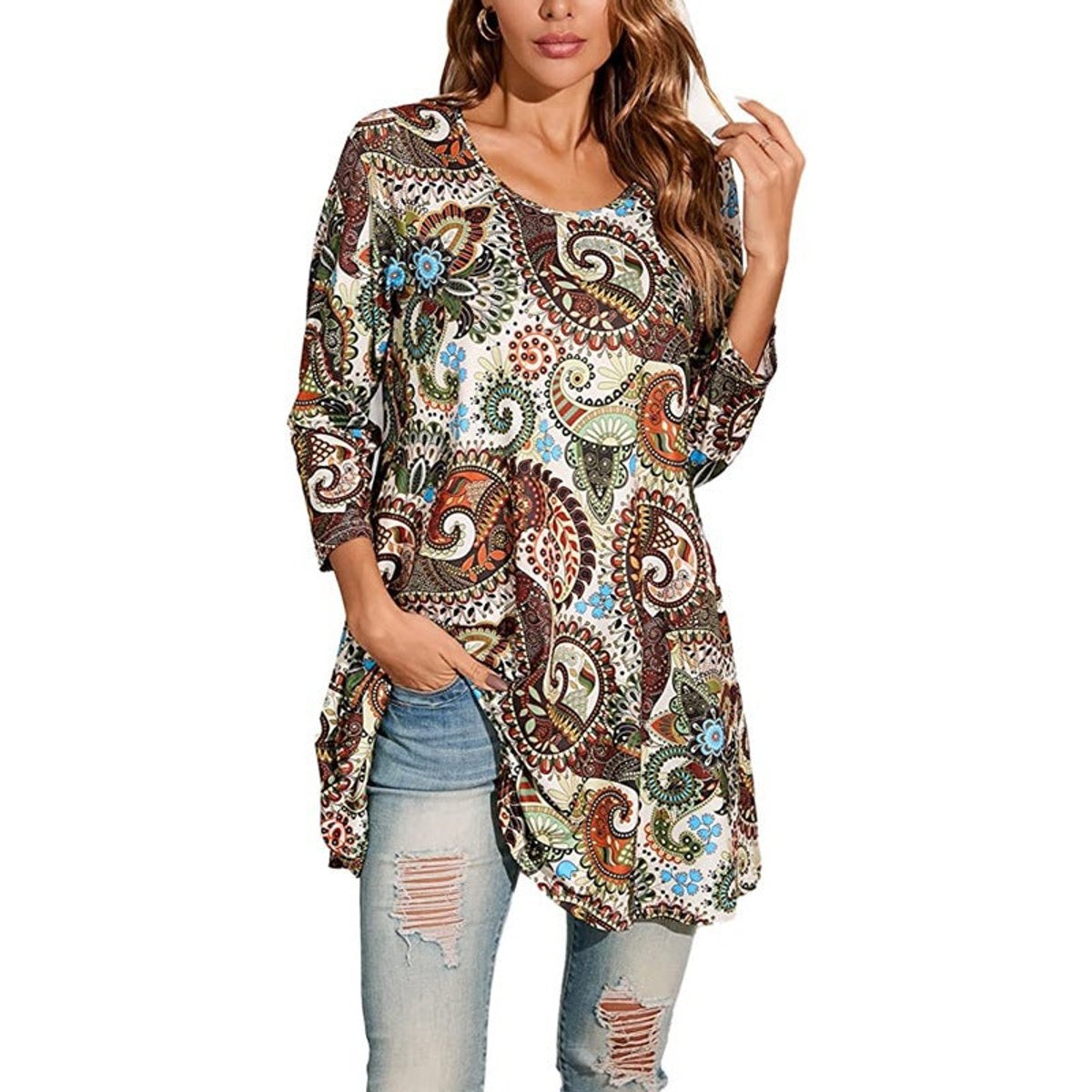 Evelyn | Women's Mandala Print 3/4 Sleeve Swing Tunic Top