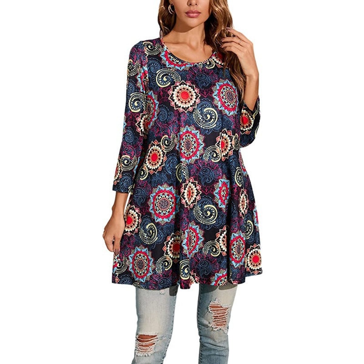 Evelyn | Women's Mandala Print 3/4 Sleeve Swing Tunic Top