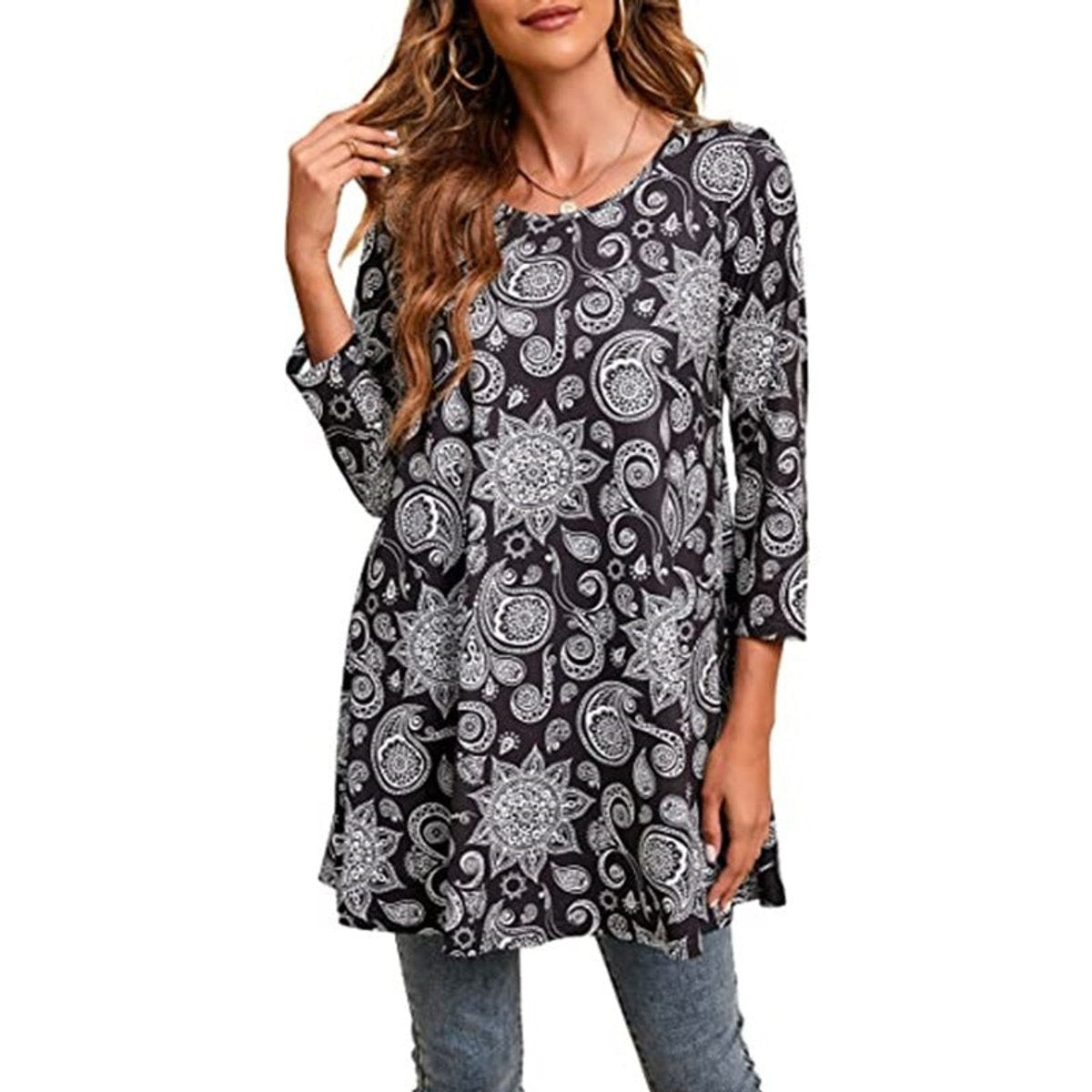 Evelyn | Women's Mandala Print 3/4 Sleeve Swing Tunic Top