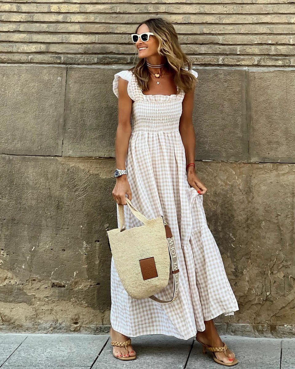 Mia | Womens Maxi Dress Gingham Smocked Waist Ruffle Sleeve