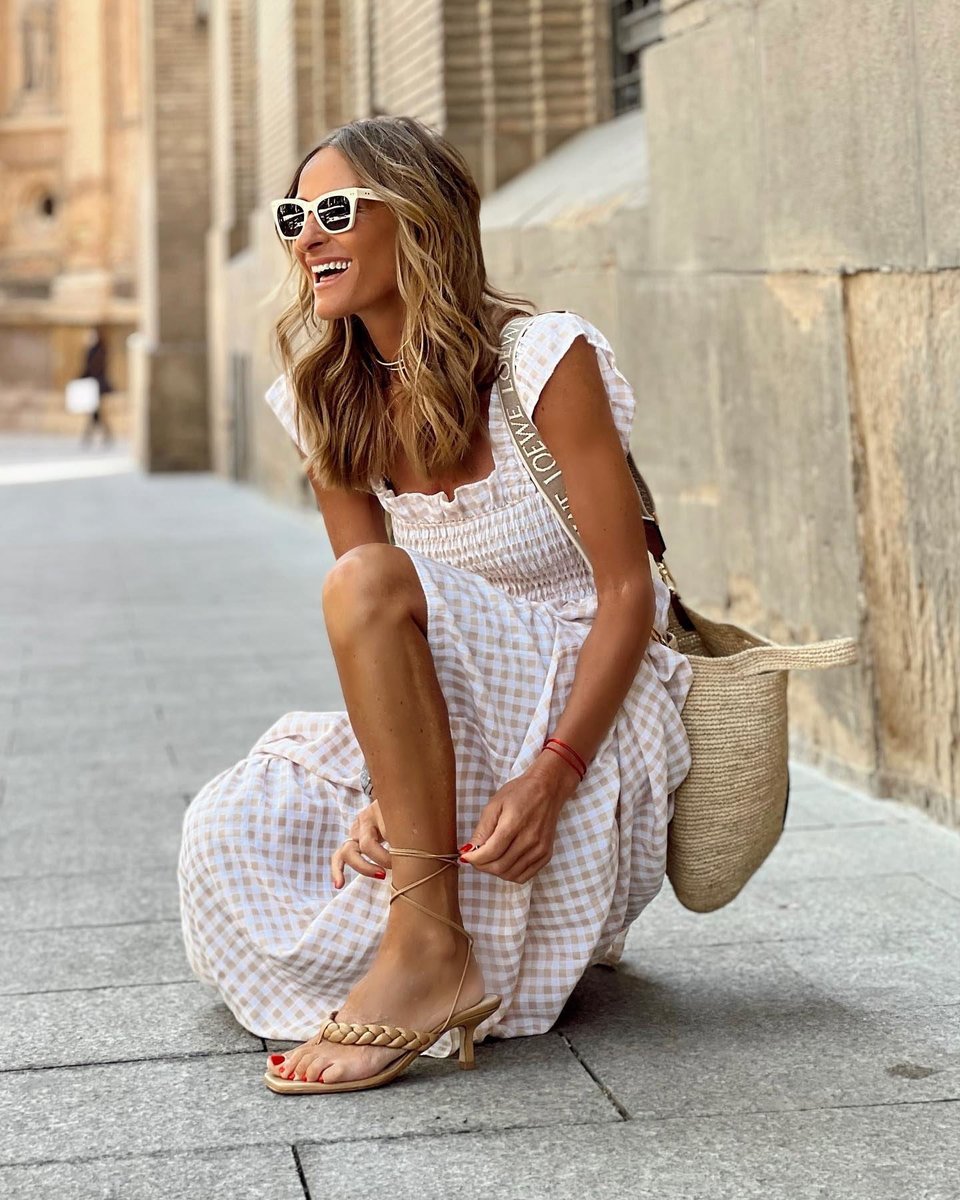 Mia | Womens Maxi Dress Gingham Smocked Waist Ruffle Sleeve