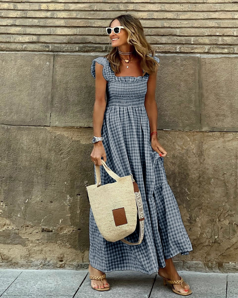 Mia | Womens Maxi Dress Gingham Smocked Waist Ruffle Sleeve