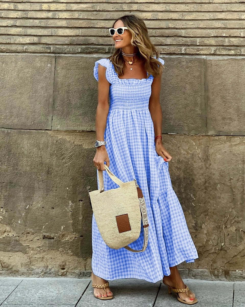 Mia | Womens Maxi Dress Gingham Smocked Waist Ruffle Sleeve