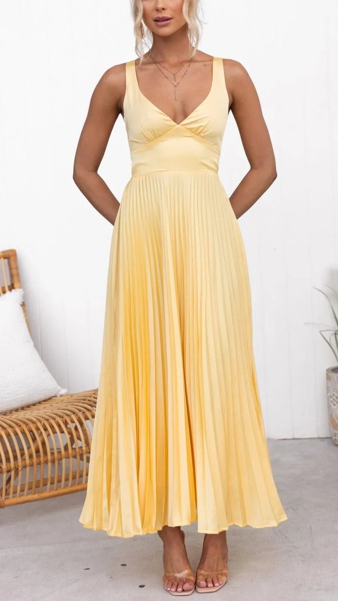 Grace | Womens Maxi Dress Pleated V-Neck Sleeveless Flared Gown