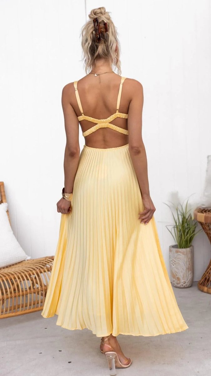Grace | Womens Maxi Dress Pleated V-Neck Sleeveless Flared Gown