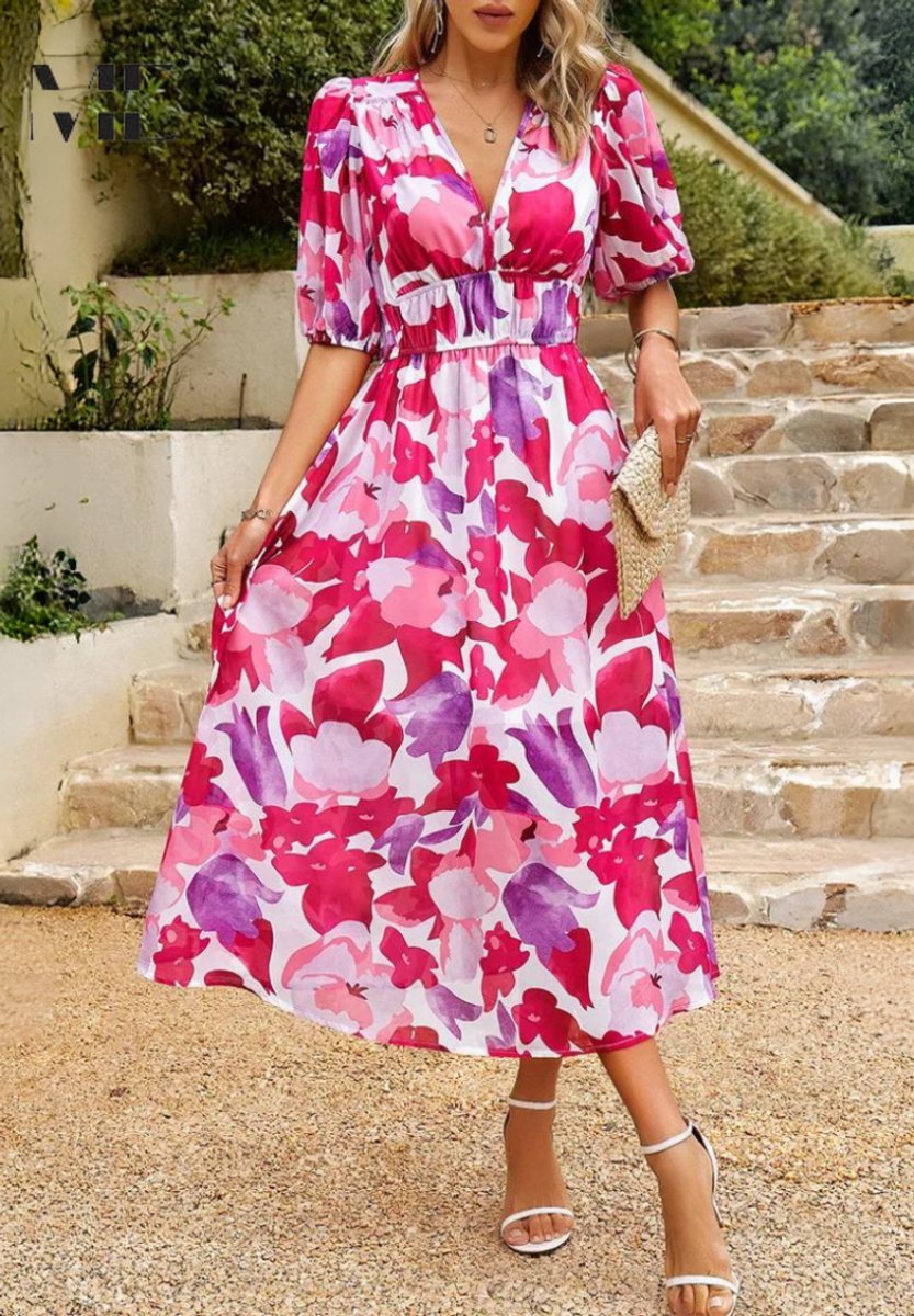 Evelyn | Womens Midi Dress Floral Print V-Neck Puff Sleeve A-Line