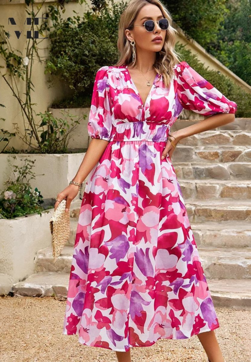 Evelyn | Womens Midi Dress Floral Print V-Neck Puff Sleeve A-Line