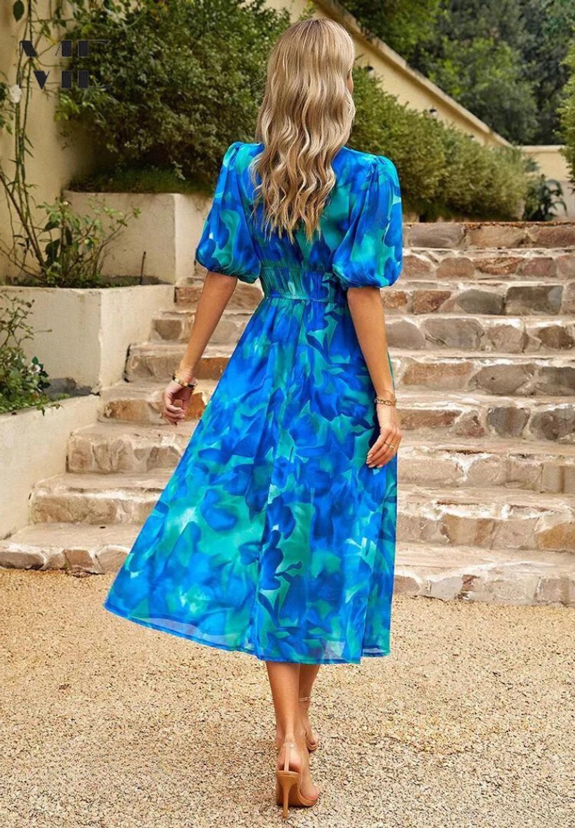 Evelyn | Womens Midi Dress Floral Print V-Neck Puff Sleeve A-Line