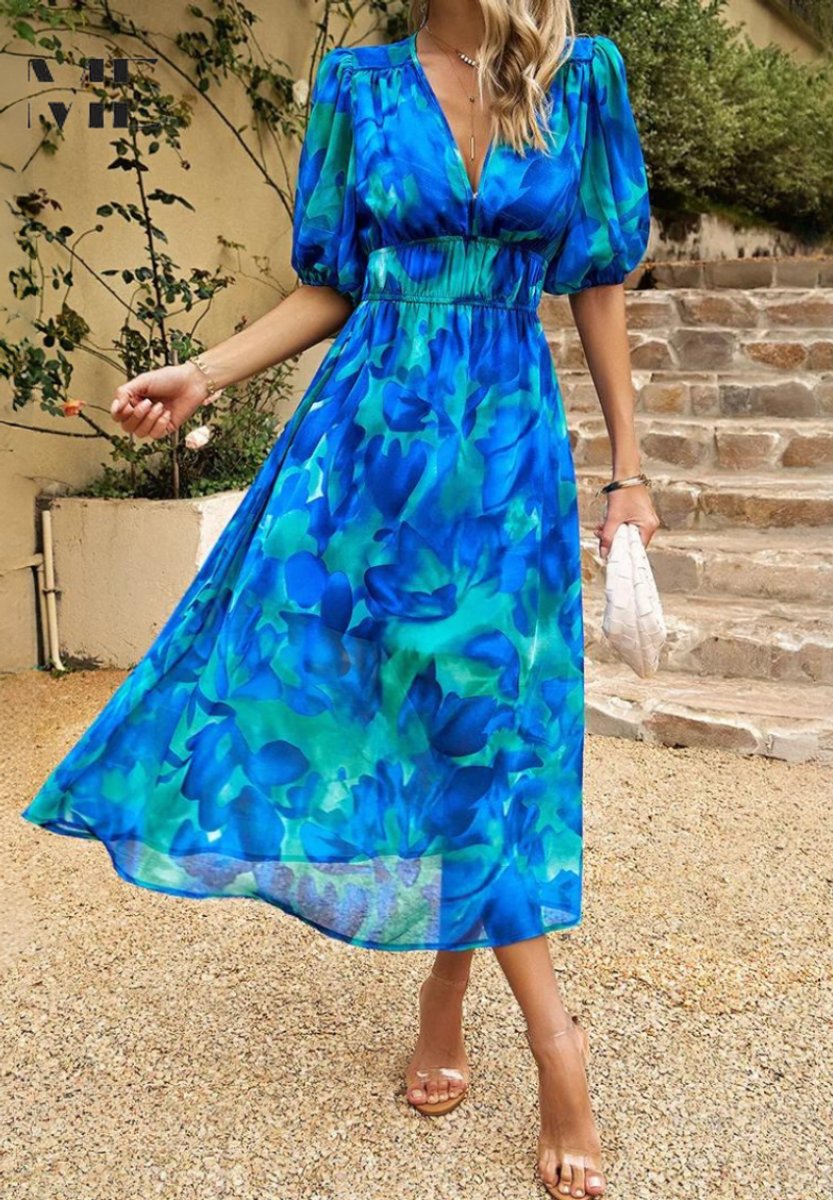 Evelyn | Womens Midi Dress Floral Print V-Neck Puff Sleeve A-Line