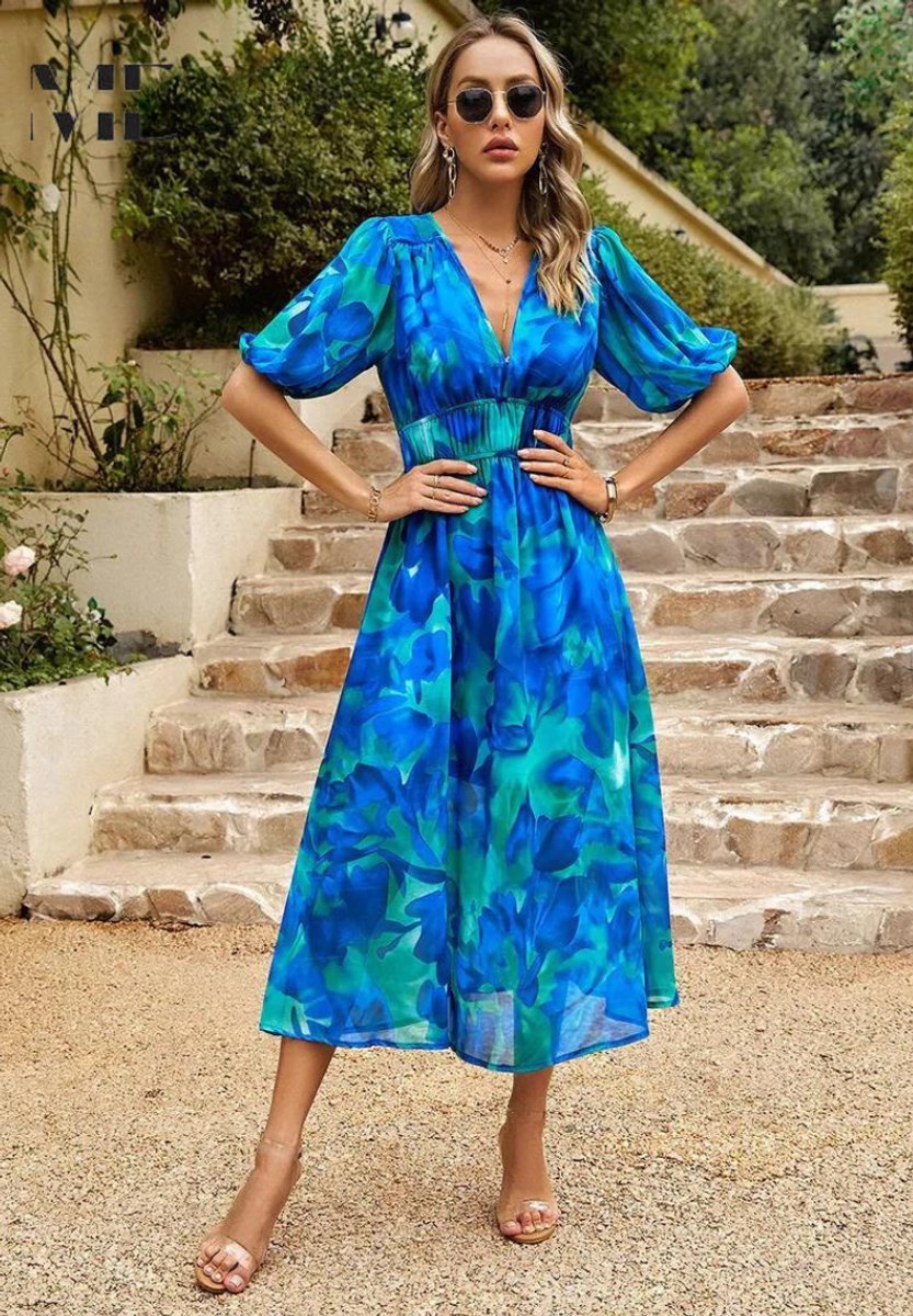 Evelyn | Womens Midi Dress Floral Print V-Neck Puff Sleeve A-Line
