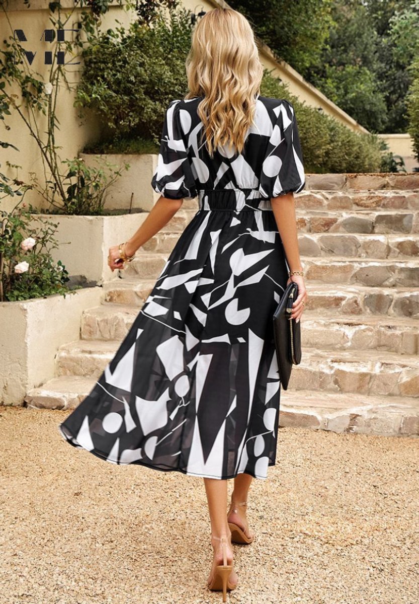 Evelyn | Womens Midi Dress Floral Print V-Neck Puff Sleeve A-Line