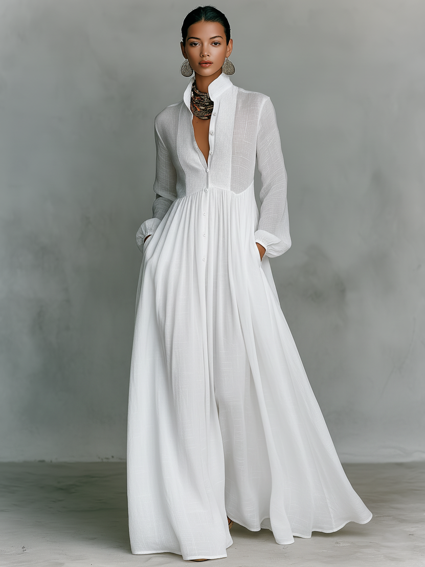 Women's Minimalist Long Sleeve Stand Collar Maxi Dress