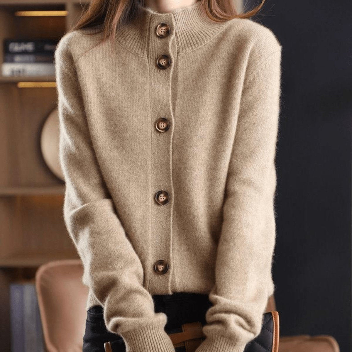 Evelyn | Women's Mock-Neck Button-Front Cashmere Blend Cardigan