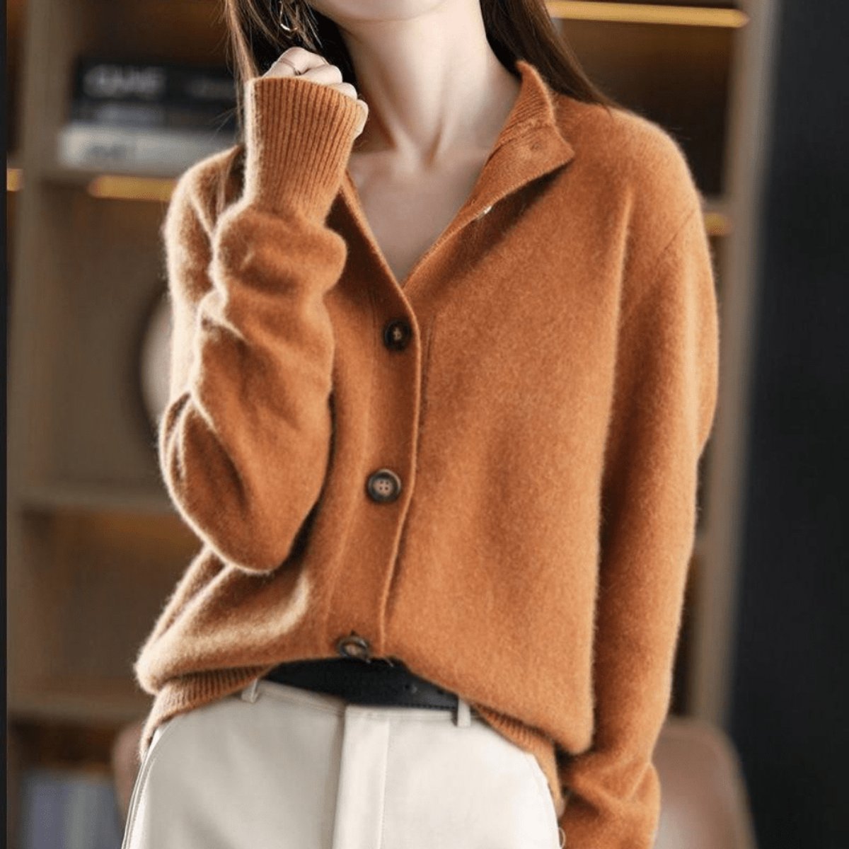 Evelyn | Women's Mock-Neck Button-Front Cashmere Blend Cardigan