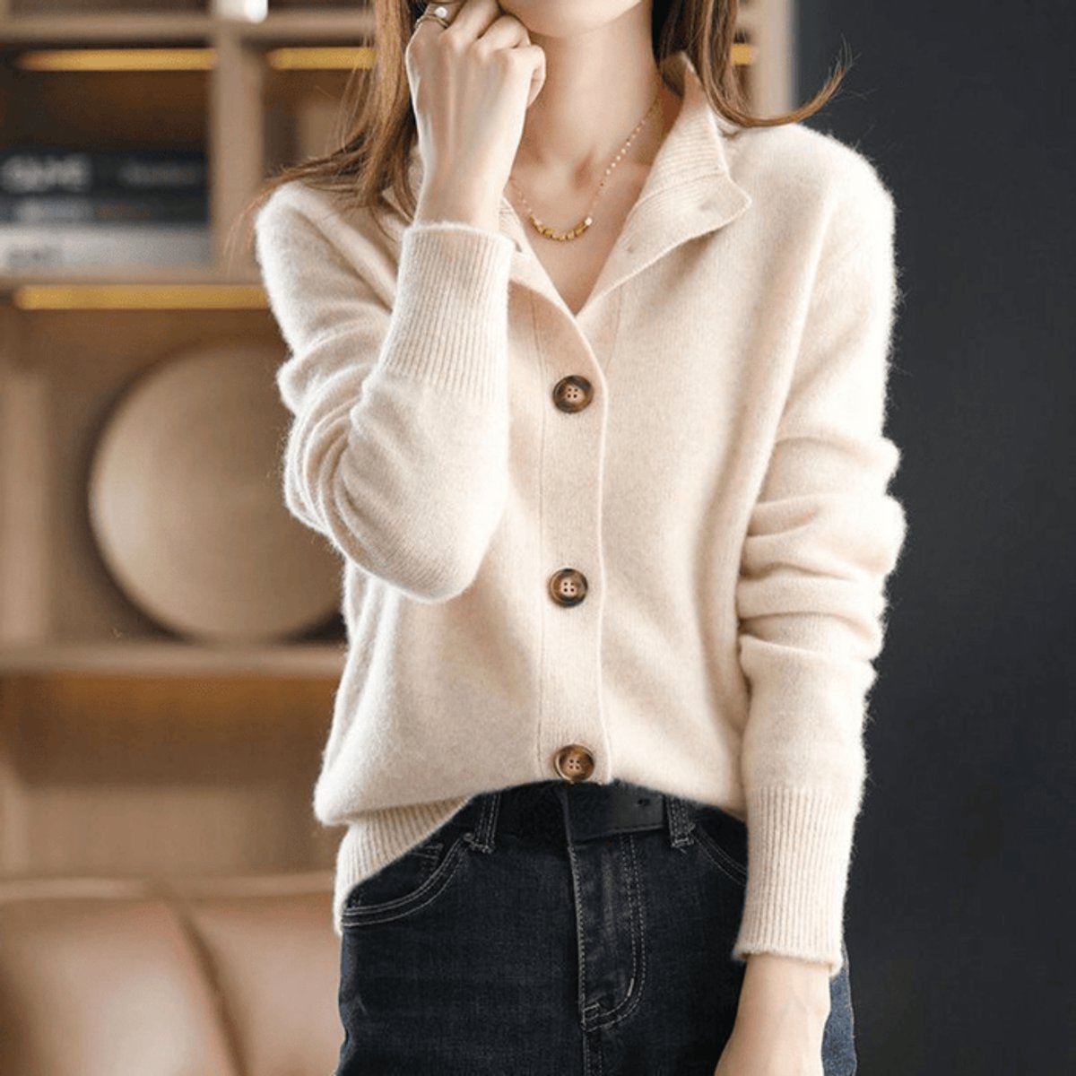 Evelyn | Women's Mock-Neck Button-Front Cashmere Blend Cardigan